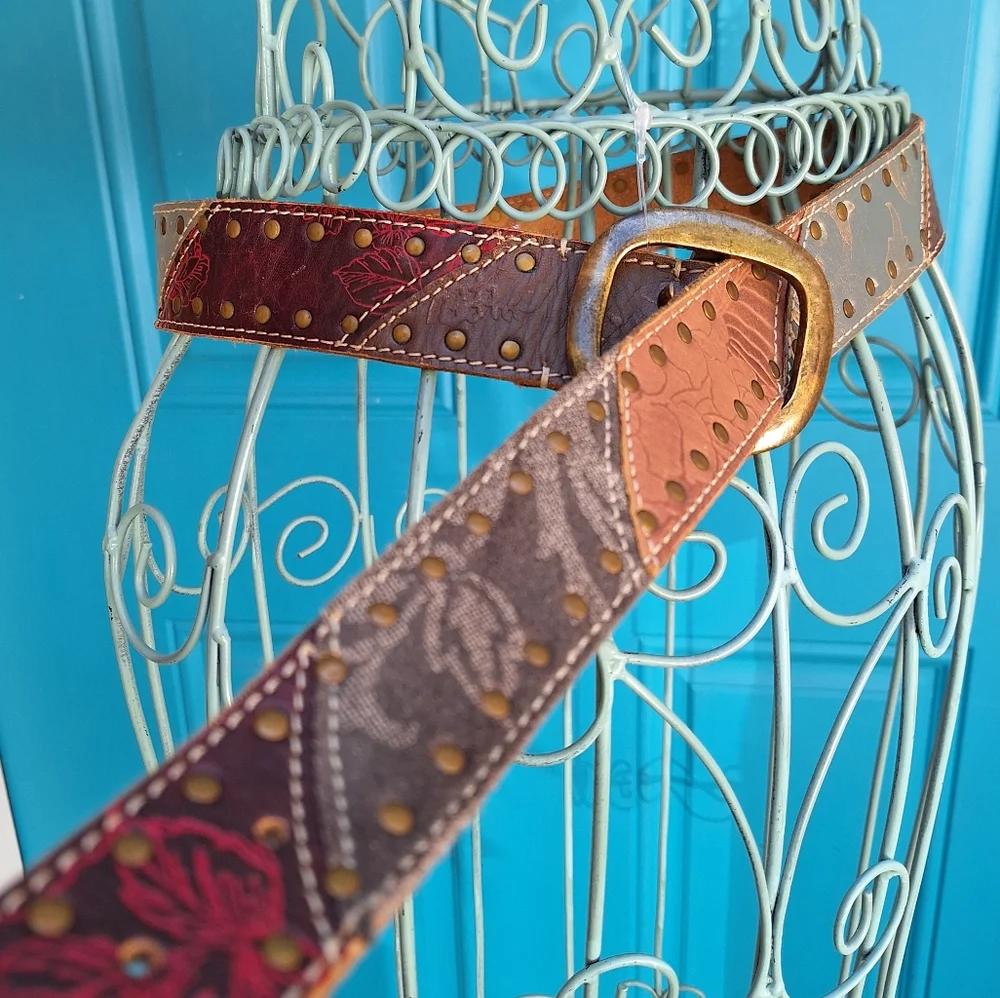 Genuine Leather Belt Metal Studded Embossed Patchwork Bohemian Tooled Womens - Picture 12 of 16